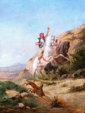 Quadro Francese Orientalista Cavalli Arabi Caccia Al Falcone Olio Paesaggio