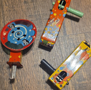 Vintage Tin Noisemakers Set of 3 Multicolor 1950s Party Collectibles