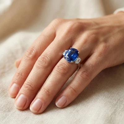 Bagues ovales ovales en argent sterling 925 saphir bleu vif glamour 10,75 carats - Photo 1/4