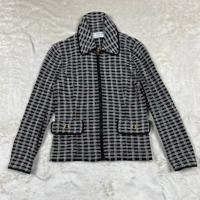 St John Collection Jacket Womens Black White Knit Zip Gold Buttons Charm Boucle
