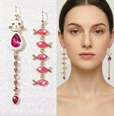 Gold Plated Multi-Colored Crystal BJ Mismatched Cat Fish Earrings
