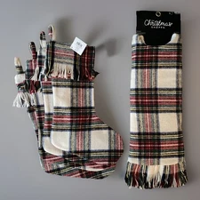 THE CHRISTMAS SHOPPE Tree Skirt Christmas Stockings White Red Tartan Plaid