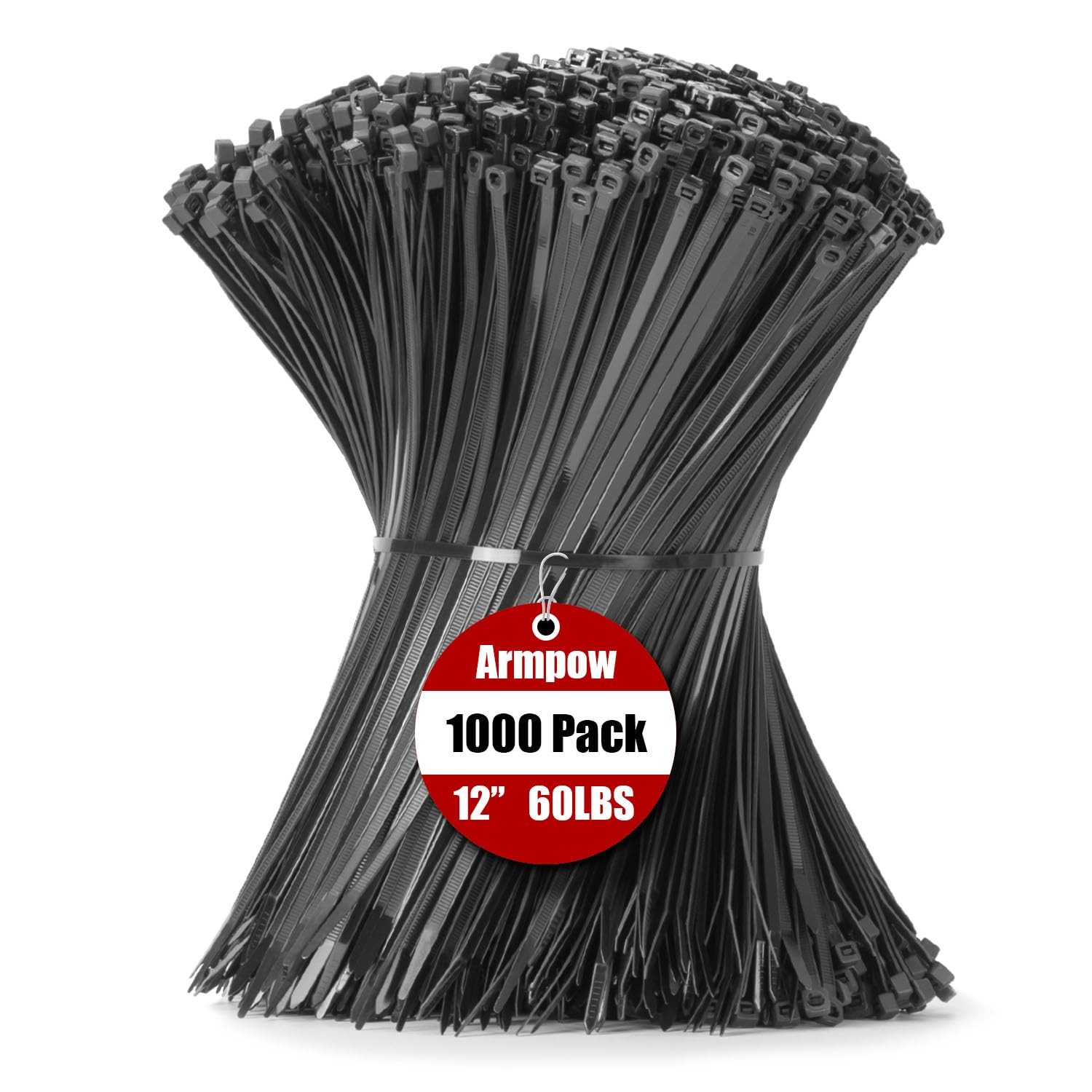 12-Inch Heavy Duty Black Zip Ties 1000-Pack, 60 LB Tensile Strength Nylon Cable Ties
