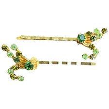Gold Green Crystal Hair Pins Vintage Floral Bridal Accessories