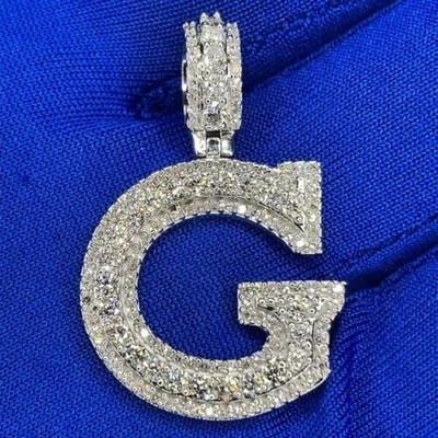 2 Ct Natural Moissanite Any Letter ''G'' Men's Pendant In 14K White Gold Plated