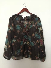 Lauren Conrad Women's Sheer Glitter Ruffle Top Sz S Floral Butterfly