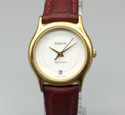 Vtg Tissot Stylist Watch Womens 24mm Gold Tone Date Red Leather