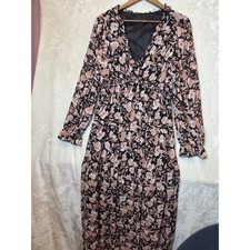 Floral Chiffon Tiered Maxi Dress Black Pink V-Neck Long Sleeve Smocked Waist L