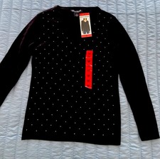DKNY Jeans Women Sweater Rhinestones Embellished V-Neck Cotton Black Medium