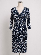 Ralph Lauren Faux Wrap Ruched Stretch Dress Abstract 3/4 Sleeve Blue White 8
