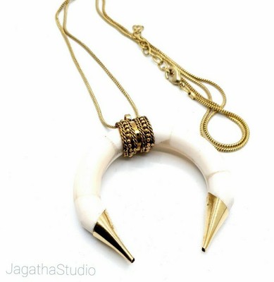 Boho Handmade Tribal Double Natural Horn Tusk Necklace Pendant Gold Detail - Tribal Tusk Pendant Necklace