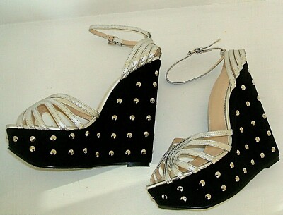 GR. 3 36 SILBER SCHWARZ NIETEN PLATEAU KEIL RIEMCHEN SANDALETTEN SCHUHE NEU
