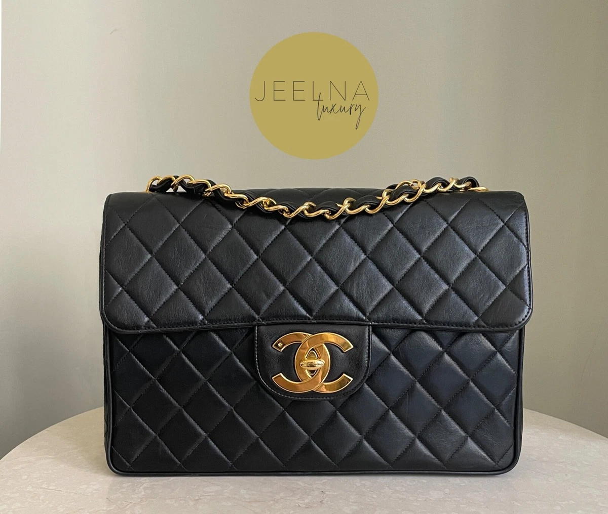 CHANEL 12" Vintage Black Classic Large Jumbo Single Flap XL