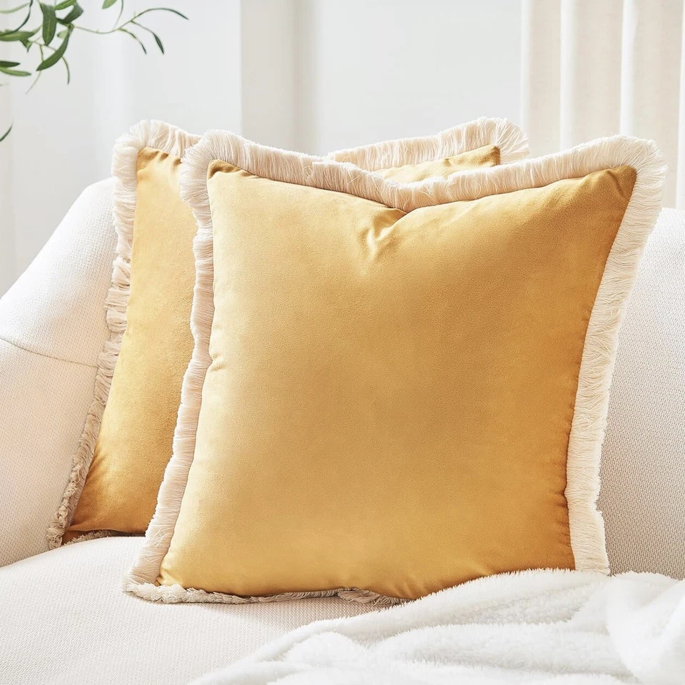 Novo Conjunto West Elm 2 Veludo Amarelo Boho Franja Fronha Capa Fossa 18x18 - Imagem 2 de 4
