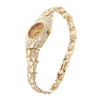 Women's 10k Yellow Gold Nugget Link Bracelet Geneve Wrist Watch 7'' 25.9 grams