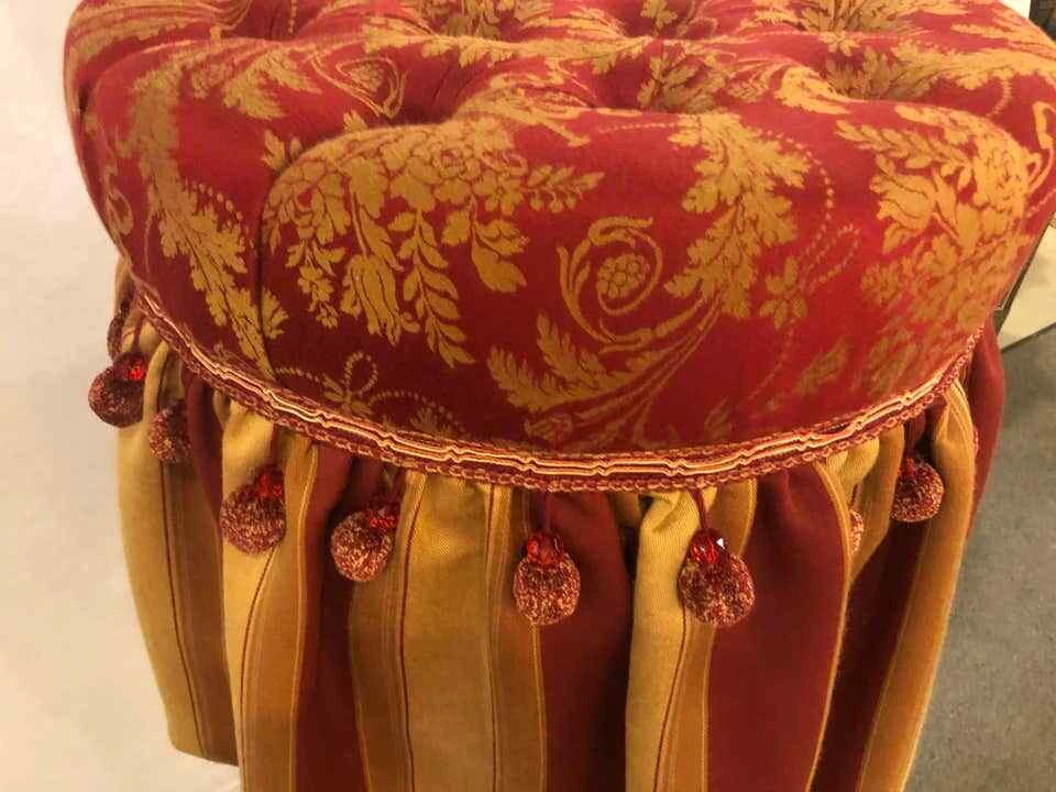 Hollywood Regency Upholstered Tufted Red and Gilt Decorated Ottoman or Footstool - Image 2 of 4