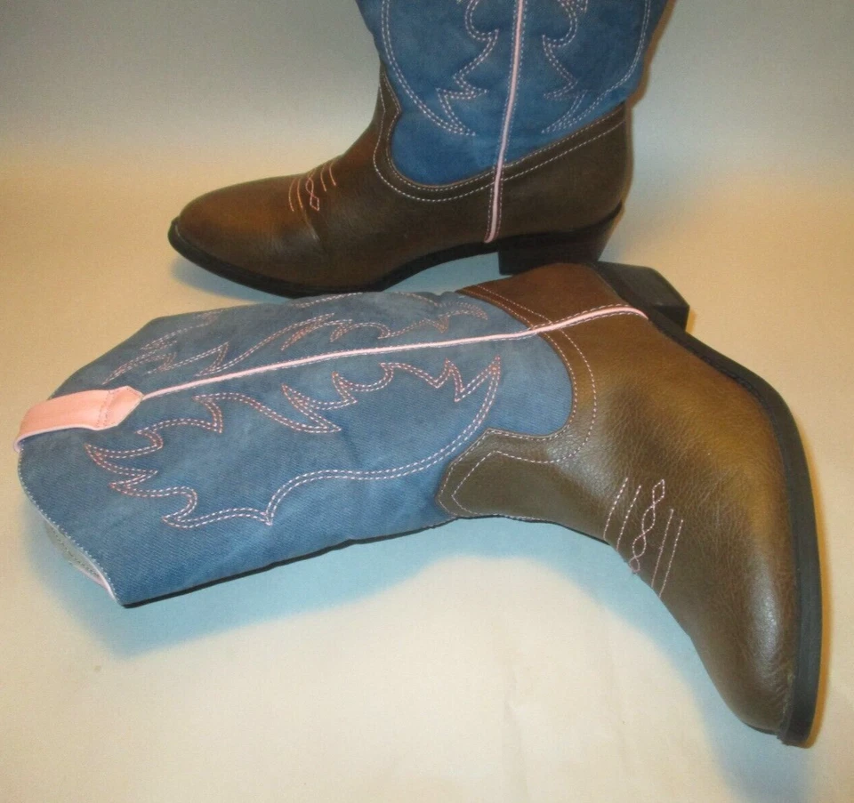 Faded Glory Girl Youth 4 Blue Denim Fabric Padded Shaft Sewn Design Cowboy Boots - Image 3 of 4