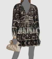 $495 Ulla Johnson Women's Black Ruffle Long Sleeve V-Neck Mini Dress Size 2