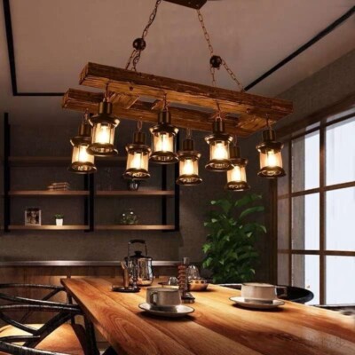 38'' Rectangle Wood Chandeliers 8-Light Pendant Rustic Light Ceiling Fixtures