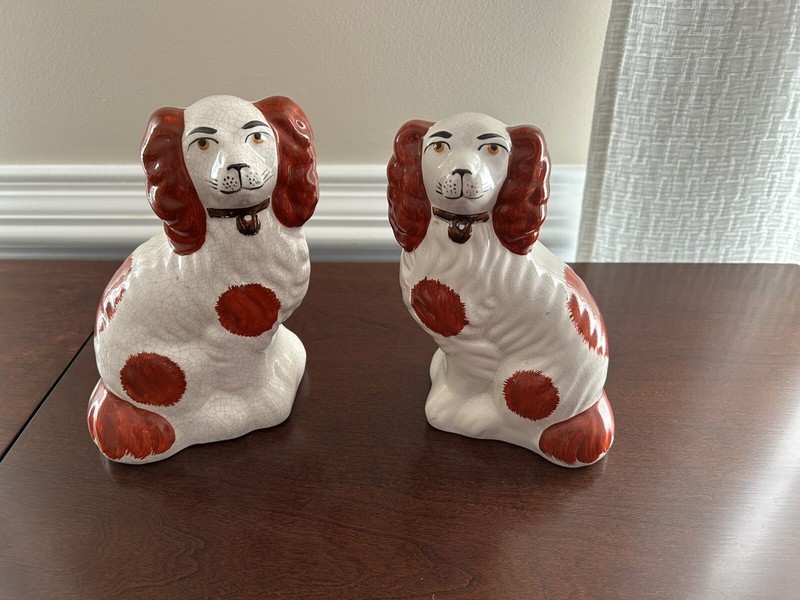 Two 7” Antique Staffordshire Porcelain Dog Figurines With Red Markings