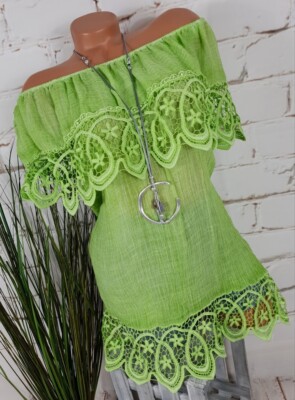 NEU ITALY IBIZA CRINKLE TUNIKA BLUSE HÄCKELSPITZE   OFF SHOULDER   LIME 36-40