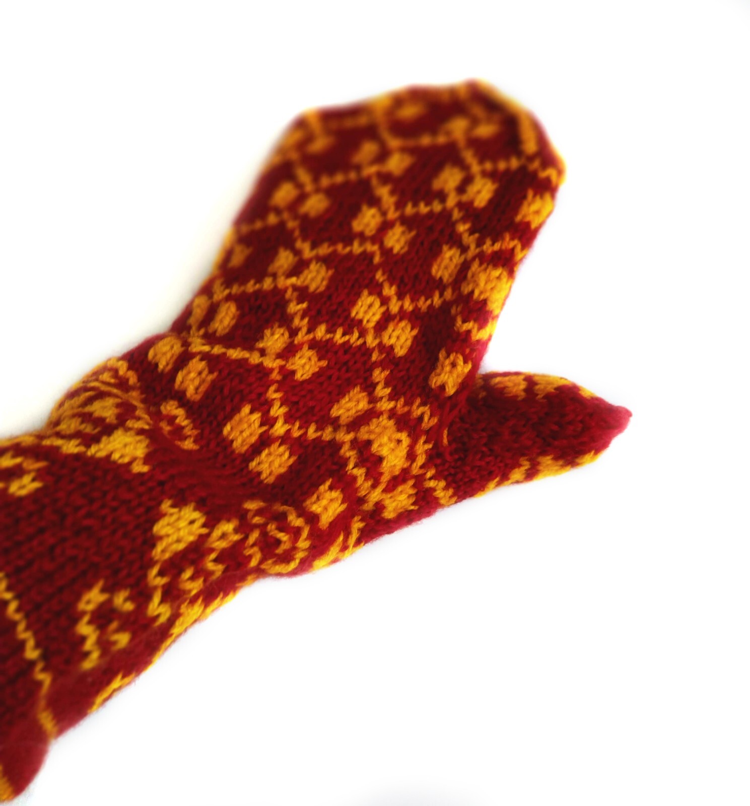 Warm winter hand knit red mittens with Latvian pattern. Warm woolen hand warmers image 7