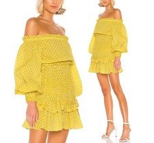 Alexis Marilena Off cold Shoulder Yellow Polka dot Dress ruffle puff sleeve 464