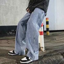 Mens Denim Skater Jeans Big Size Hem Baggy Loose Trousers Wide Leg Pants S-3XL