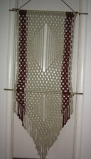 Large Vintage Macrame Wall Hanging Beige Maroon