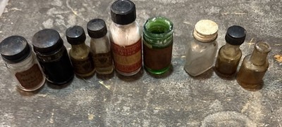 Lot Of 9 Antique Watch Repair Bottles W.F.NYE SUPERIOR WATCH Alumina Polish Etc