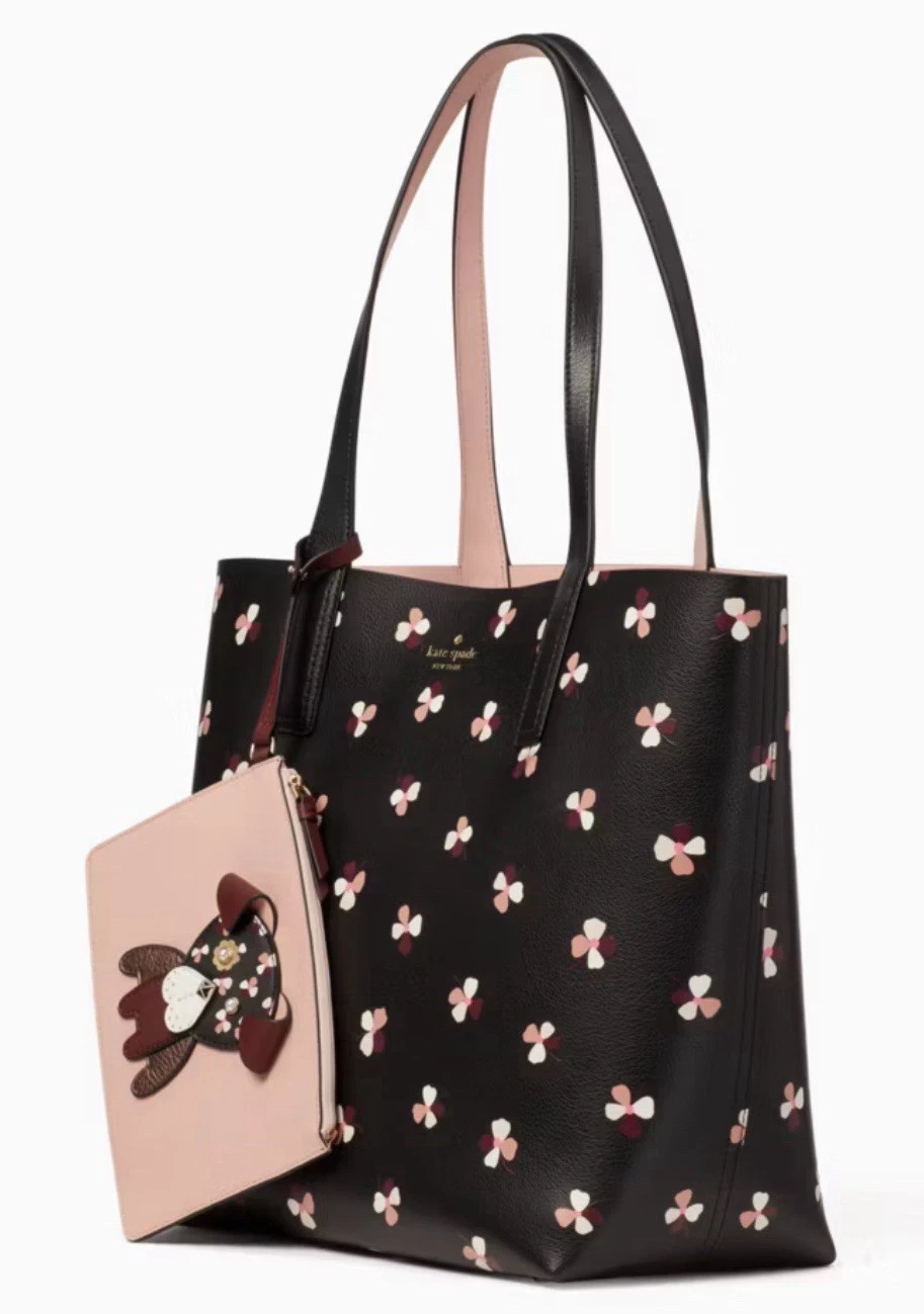 Borsa Kate Spade floreale cucciolo nero reversibile rosa novità tote bag rimovibile zip