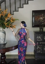 Blue Floral Cheongsam Qipao Dress with Sheer Neck Detail for Women