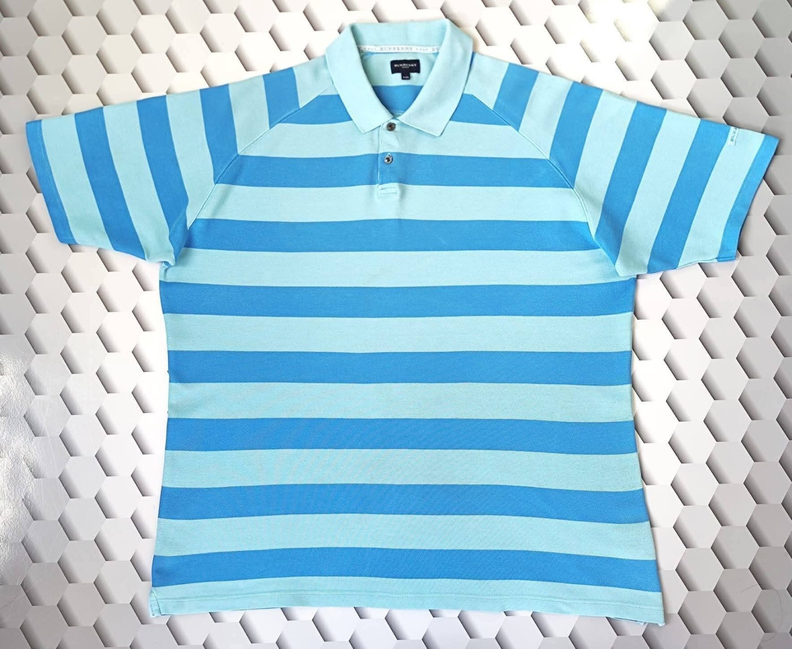 Burberry Golf Polo Vintage 90s Blue Turquoise Stripe XXL Cotton Nova Check VGC image 6