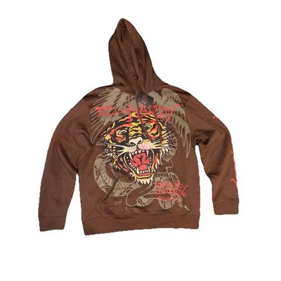 Ed Hardy Brown Tiger Hoodie Large NWT Red Logo Y2K Los Angeles