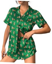 Womens Silk Satin Pajama Set Print Short Sleeve Sleepwear Button Small Tiger