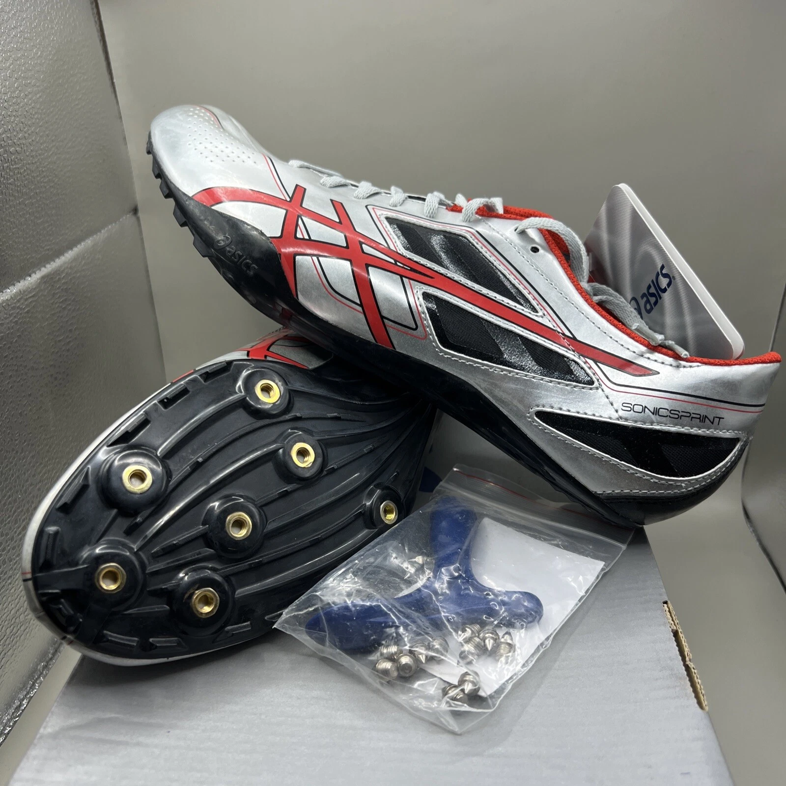 Scarpe da corsa ASICS SonicSprint argento rosso fuoco nere pista e campo da uomo 11 5