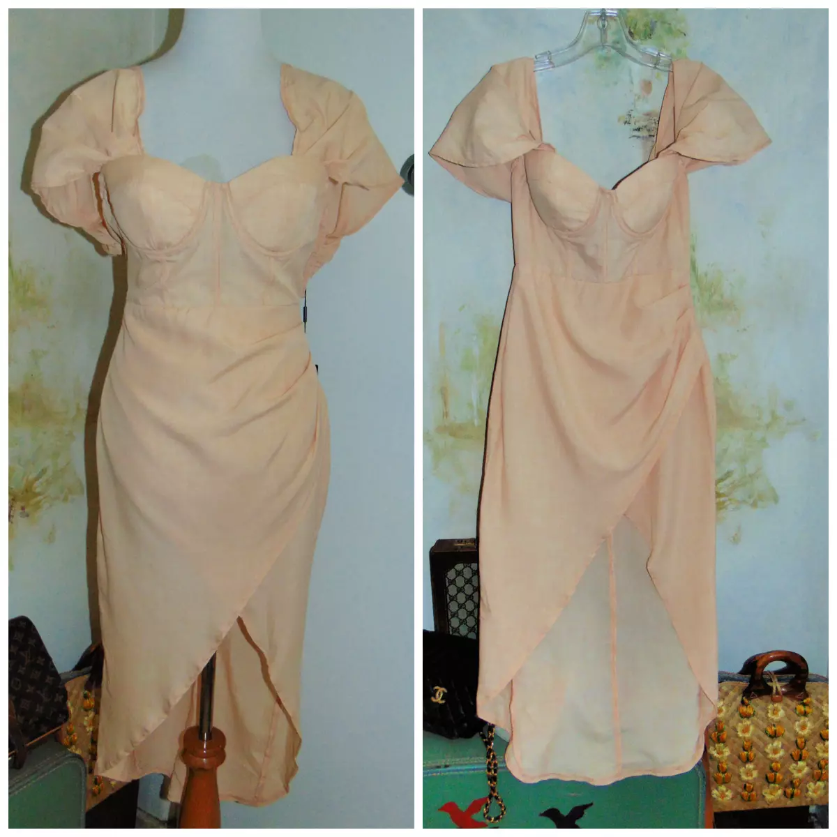 Pretty Little Thing Dress Womens Sz 6 Peach Ruched Overhang Sleeve Bodycon NWT