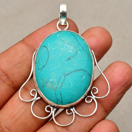 Tibetan Turquoise Gemstone 925 Sterling Silver Handmade Jewelry Pendant 2.16" - Picture 2 of 8