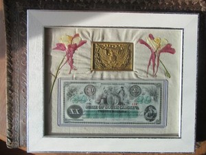 1874 MODEL EAGLE CIVIL WAR GILDED BELT BUCKLE ORIGINAL BELT & 1872 $20 SC. NOTE