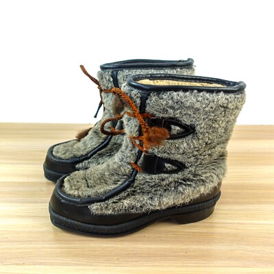 Vintage Apres Ski Sherpa Snow Boots Womens 4 Black Faux Fur Winter QUODDY USA