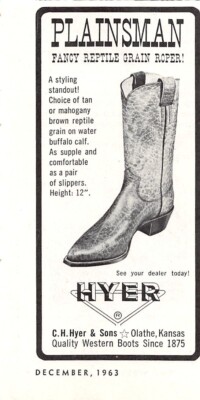 C H Hyer & Sons Plainsman Boot Fancy Reptile Grain Roper Olathe KS Vtg Print Ad