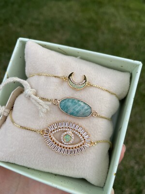 3 Arm Candy Eye Candy LA Luxe Moon Eye Opal Amazonite Brass CZ Bracelets Set