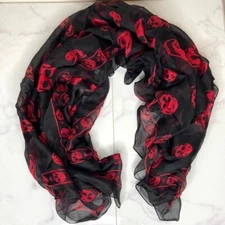 Alexander McQueen Black & Red Classic Skull Print Chiffon Silk Large Scarf NWOT