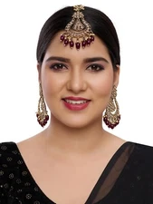 RHYMEE Women's Gold and Maroon Maang Tikka with Earrings – Festive & Bridal Wear