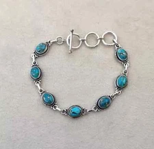Blue Copper Turquoise Gemstone Solid 925 Sterling Silver Handmade Bracelet MK*