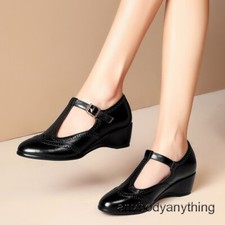 Women Pu Leather Buckle Wedge Heel Shoes Round Toe Retro Mary Jane T Strap Shoes