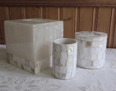 Bed Bath Beyond Capiz Shell Tissue Box Holder Cover, Jar & Lid  Tumbler Set NEW 