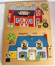 Fisher-Price Pick Up And Peek Wooden Puzzle Lot Of 2 House and Barn 1973