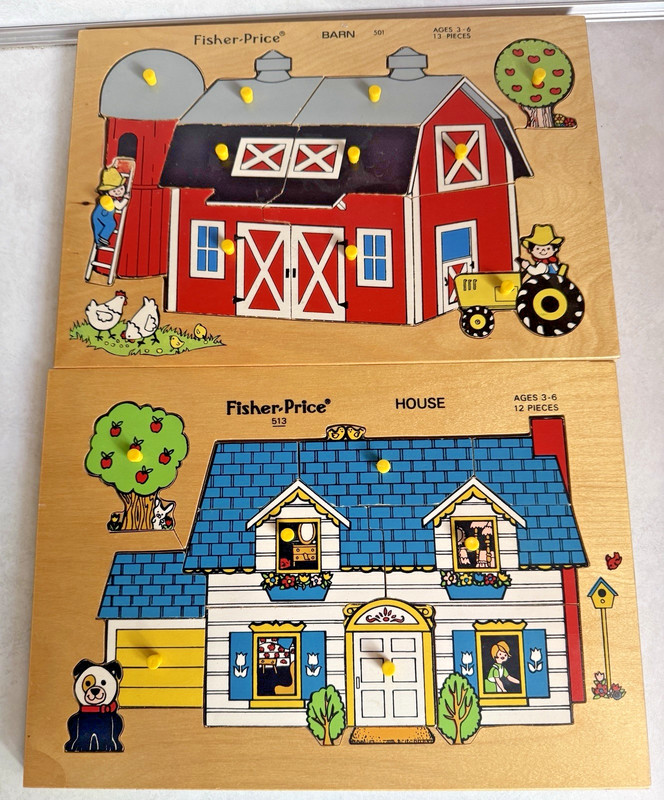 Fisher-Price Pick Up And Peek Wooden Puzzle Lot Of 2 House and Barn 1973