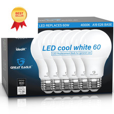 Great Eagle A19 LED Light Bulbs 60 Watt Equivalent, 6 Pack, 4000k Cool White